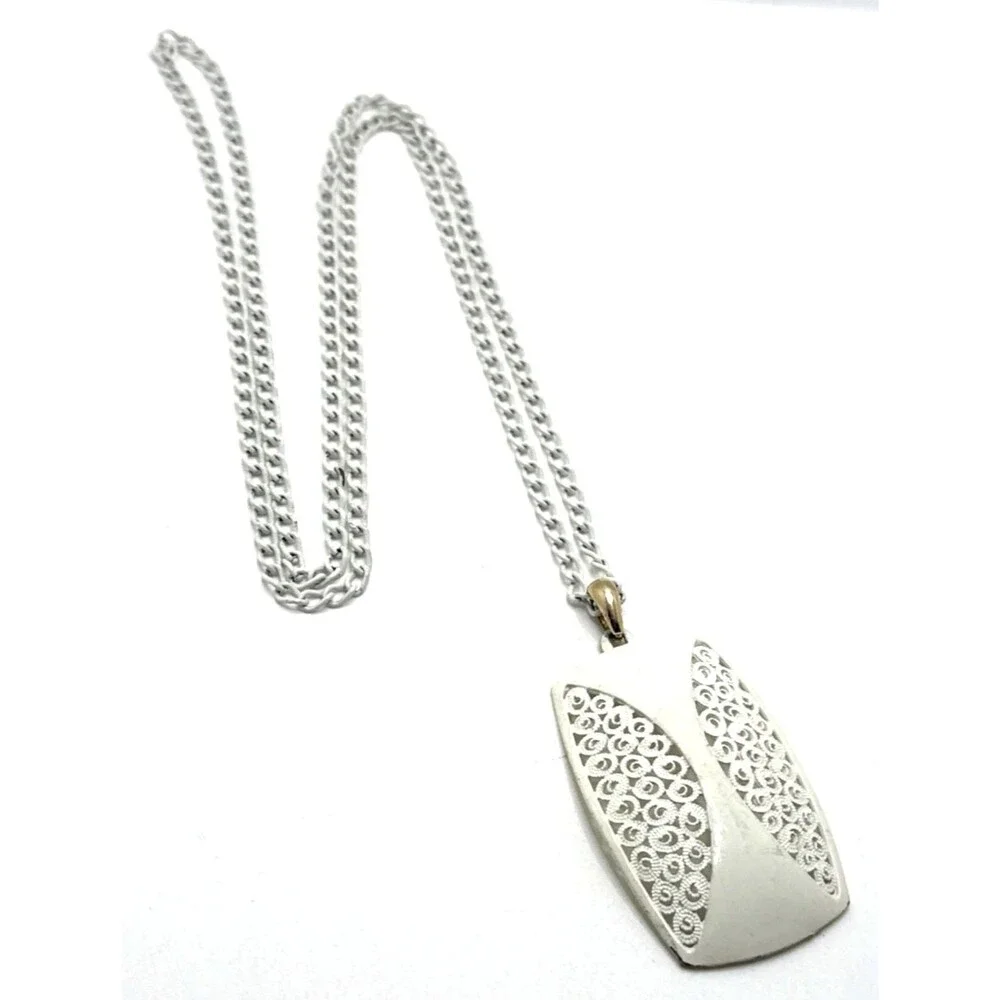 Vintage MCM White Enameled Metal Pendant Necklace Filigree Statement 31